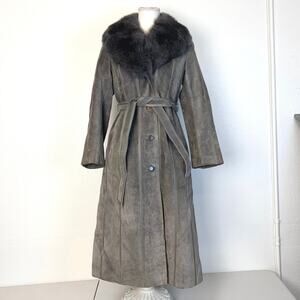 Vintage P. Rifal Paris Womens Real Suede Long Coat Luxury Fur Collar Belt Gray